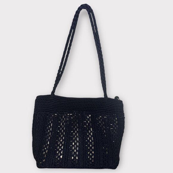 The Sak Purse Navy Crochet Overlay Gold Dual Handle Top Zip Tassel Shoulder Bag - Picture 4 of 9